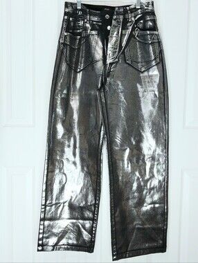 Nasty Gal Button Fly Metallic Silver High Rise, Wide Leg Jeans, NEW, Size 8